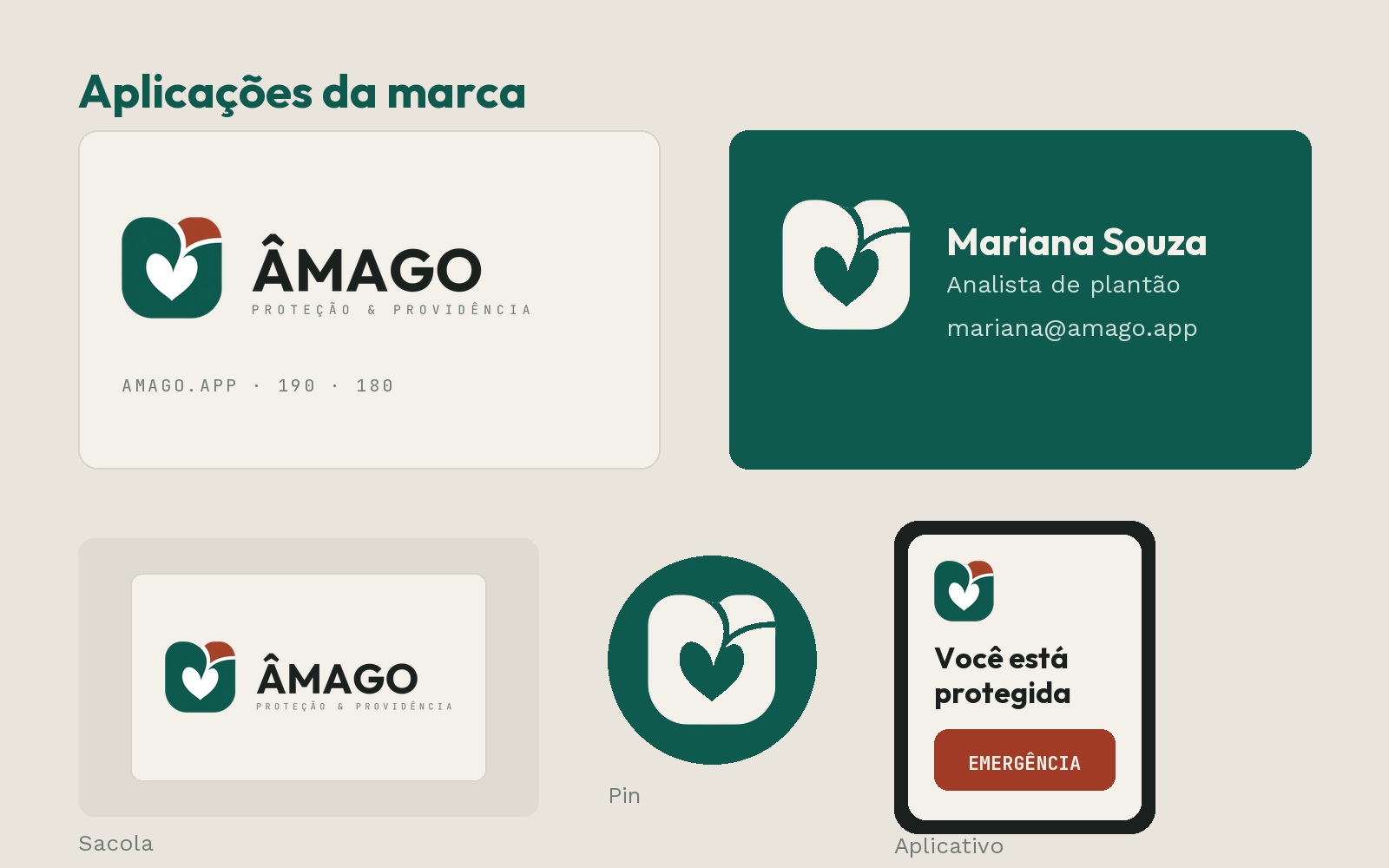 Cartão, bolsa e pin com a marca Âmago